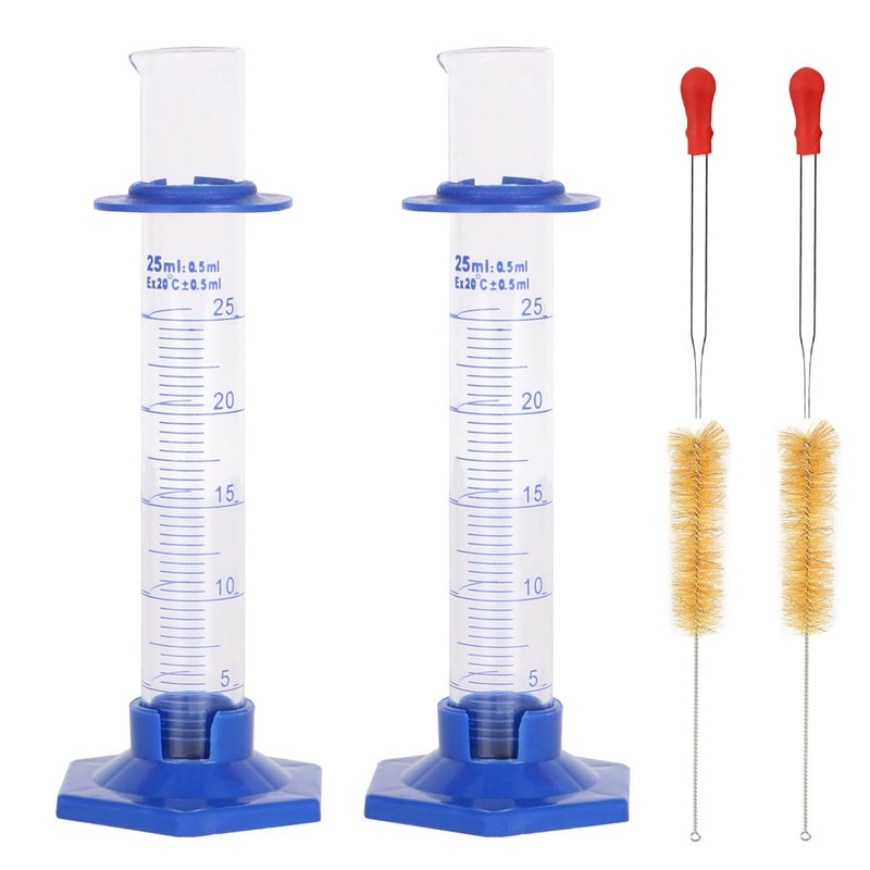 KIGITIK 2Pcs 25ml Graduated Cylinder, Thick Glass Measuring Cylinder, with Anti-Falling Plastic Base and Bumper Guards, for Science Laboratory Measuring Liquid, Bring 2 Brushes and 2 droppers - Image 1